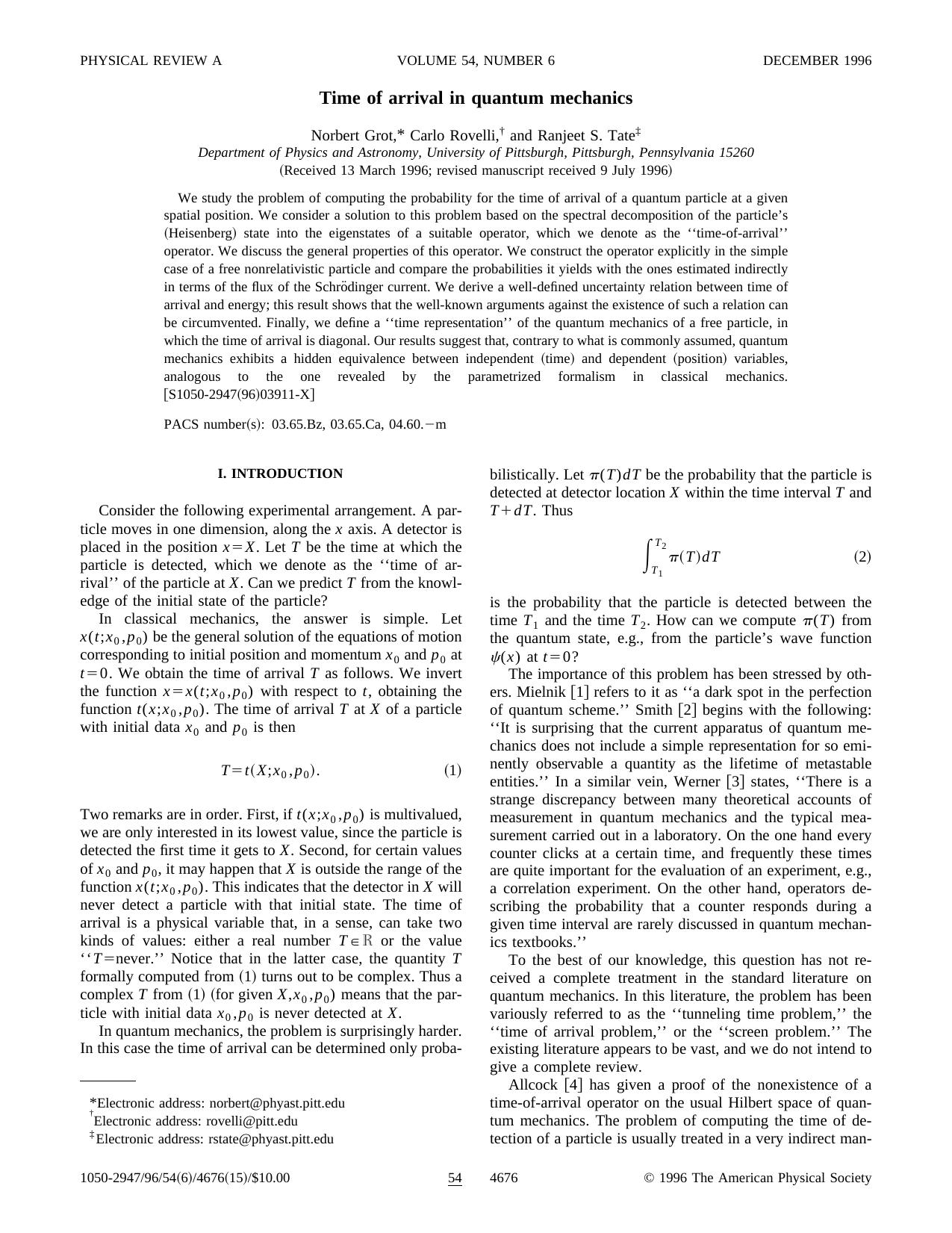 Time of Arrival in Quantum Mechanics (1996) by Unknown