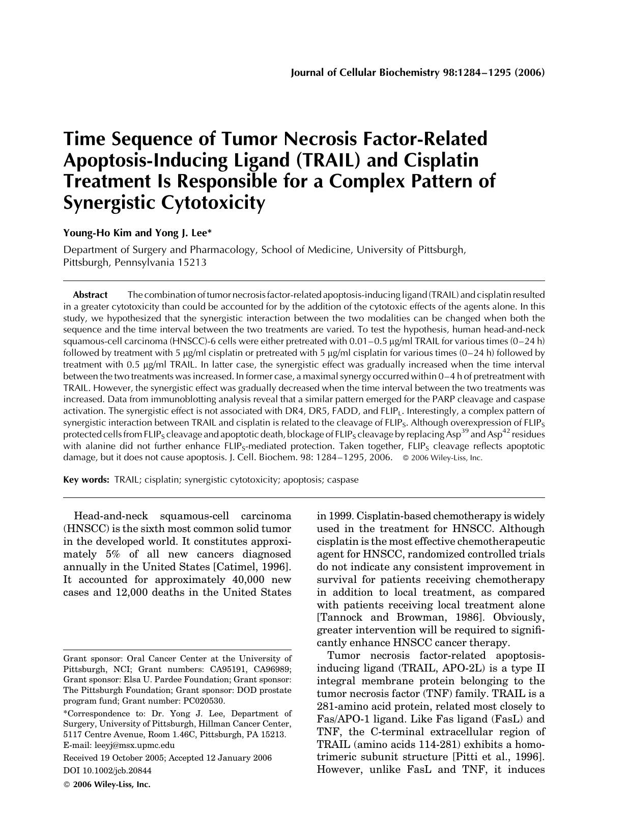 Time sequence of tumor necrosis factor-related apoptosis-inducing ligand (TRAIL) and cisplatin treatment is responsible for a complex pattern of synergistic cytotoxicity by Unknown
