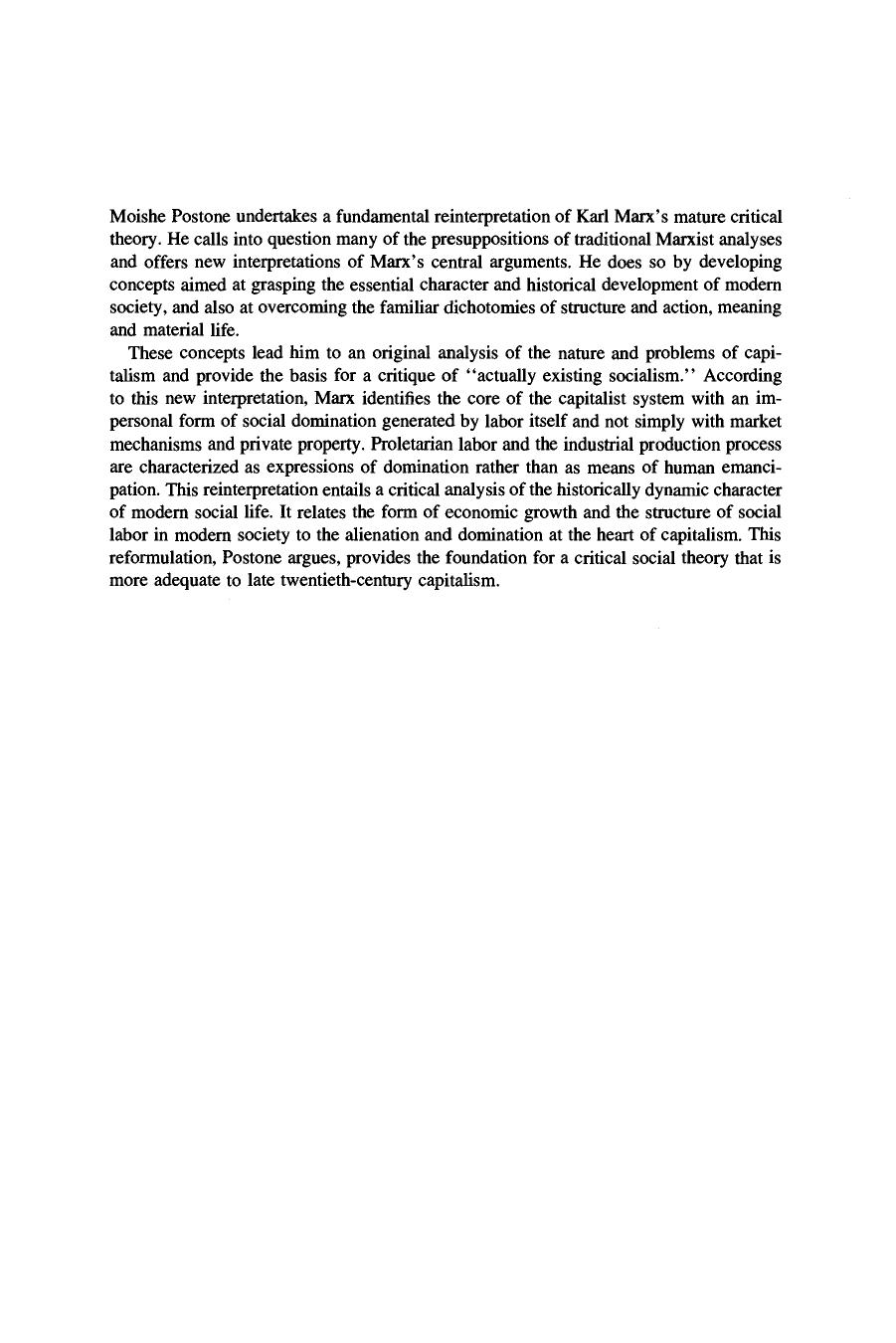 Time, Labor, and Social Domination: A Reinterpretation of Marx's Critical Theory by Moishe Postone
