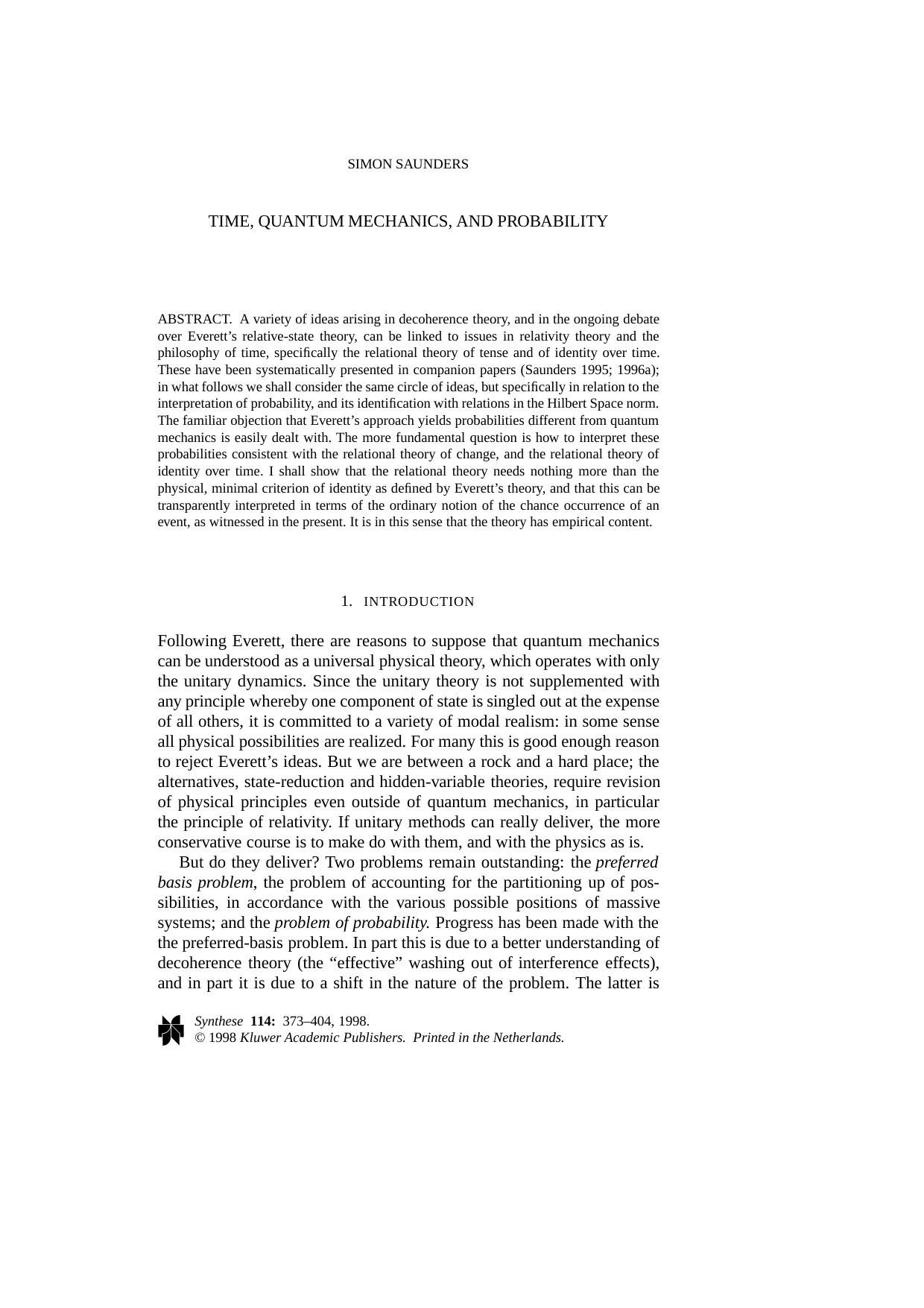 Time, Quantum Mechanics, and Probability by Unknown