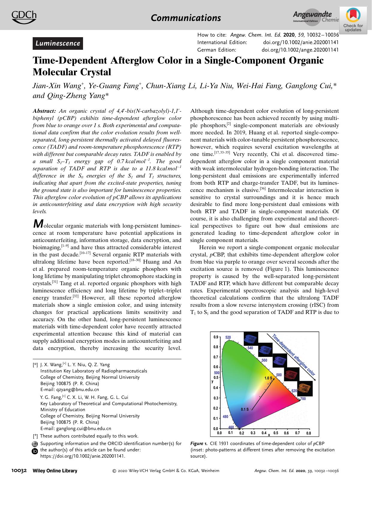 TimeâDependent Afterglow Color in a SingleâComponent Organic Molecular Crystal by Unknown
