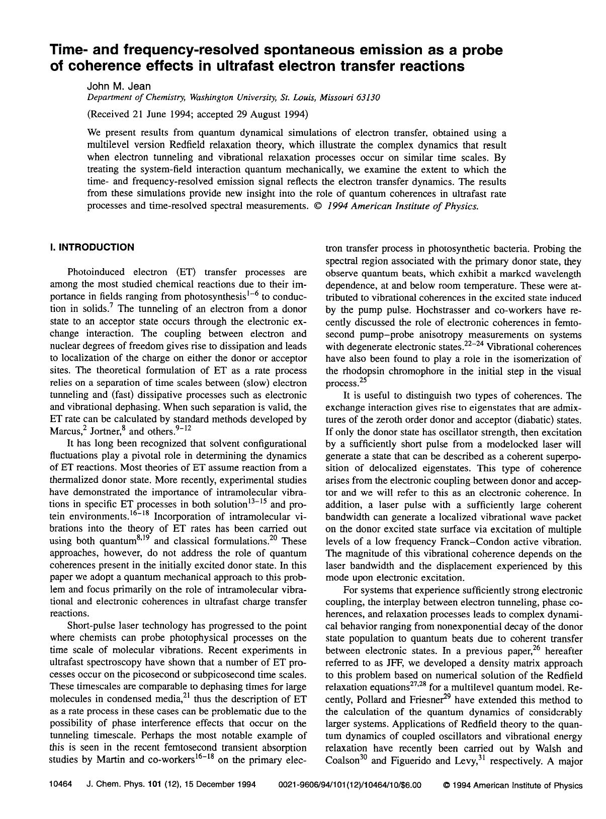 Time- and frequency-resolved spontaneous emission as a probe of coherence effects in ultrafast electron transfer reactions by John M. Jean