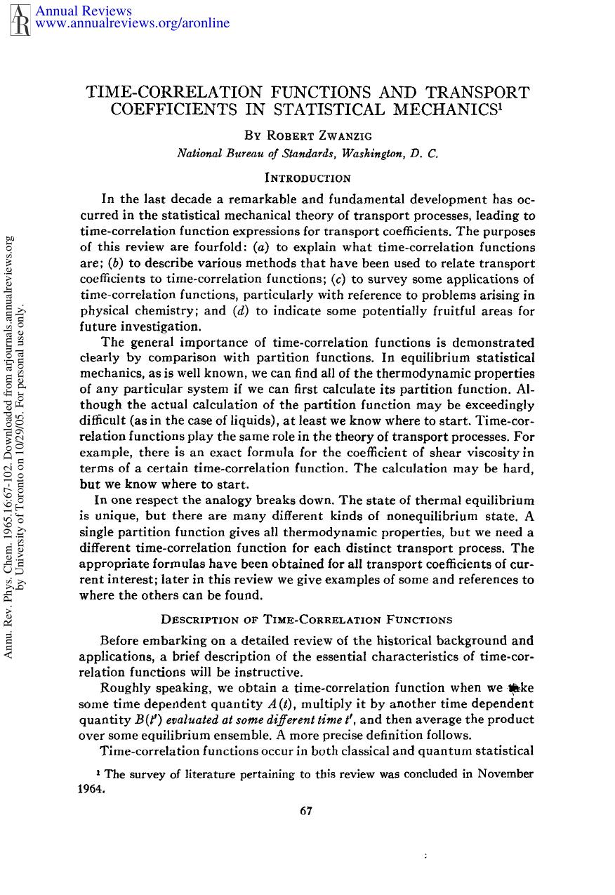 Time-Correlation Functions and Transport Coefficients in Statistical Mechanics by R Zwanzig