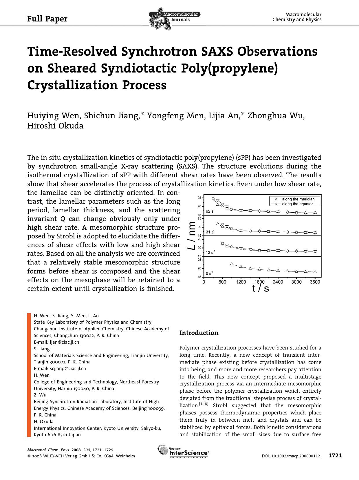 Time-Resolved Synchrotron SAXS Observations on Sheared Syndiotactic Poly(propylene) Crystallization Process by unknow