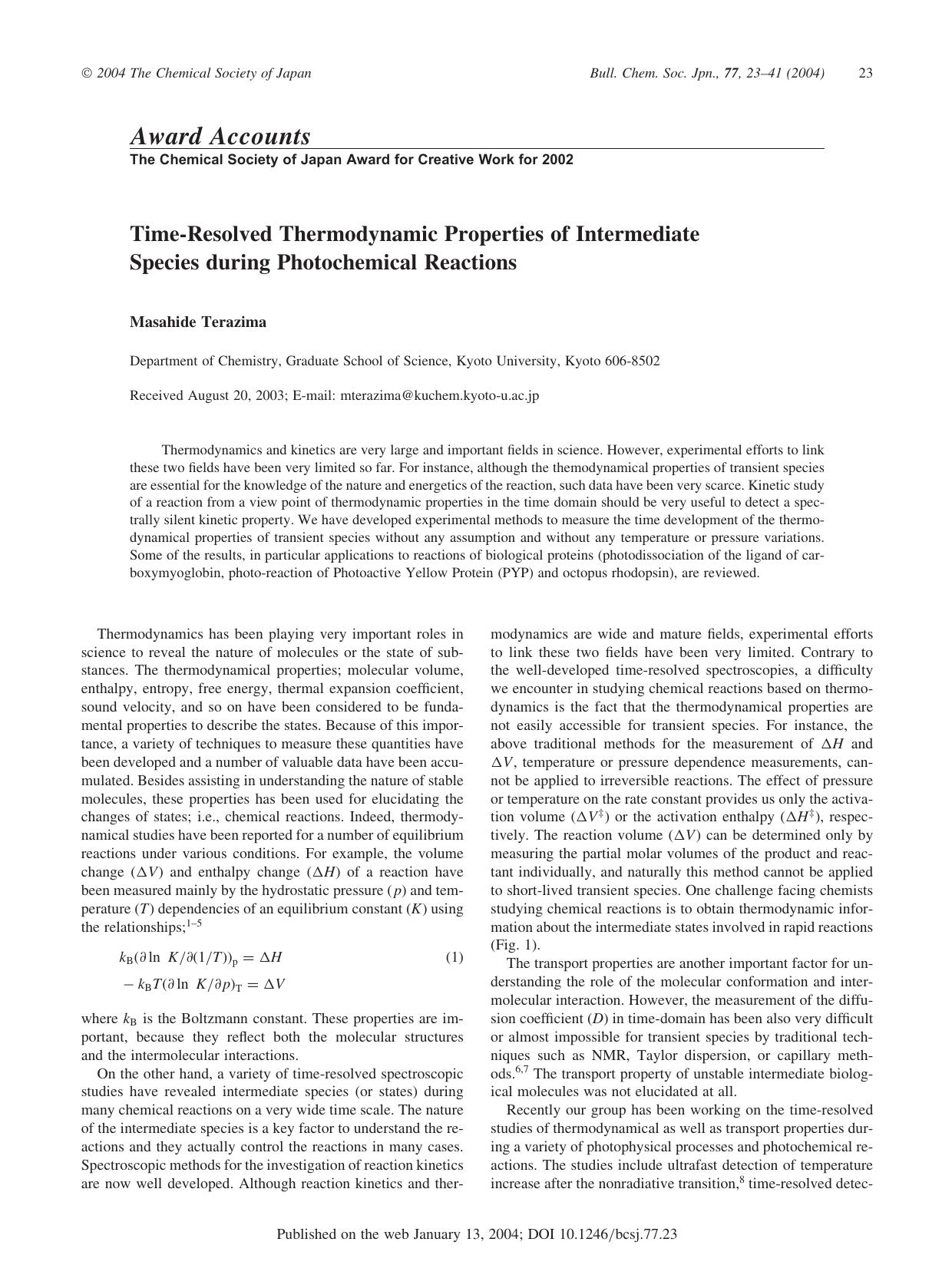 Time-Resolved Thermodynamic Properties of Intermediate Species during Photochemical Reactions by Masahide Terazima