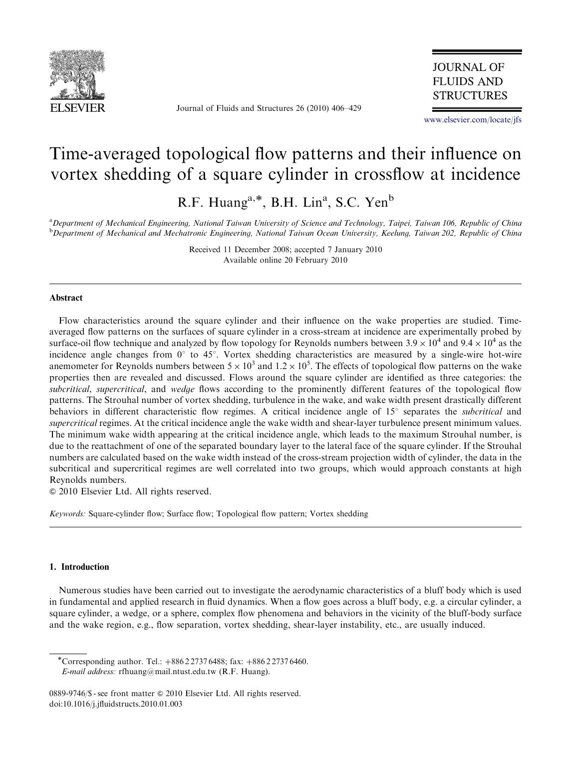 Time-averaged topological flow patterns and their influence on vortex shedding of a square cylinder in crossflow at incidence by R.F. Huang; B.H. Lin; S.C. Yen