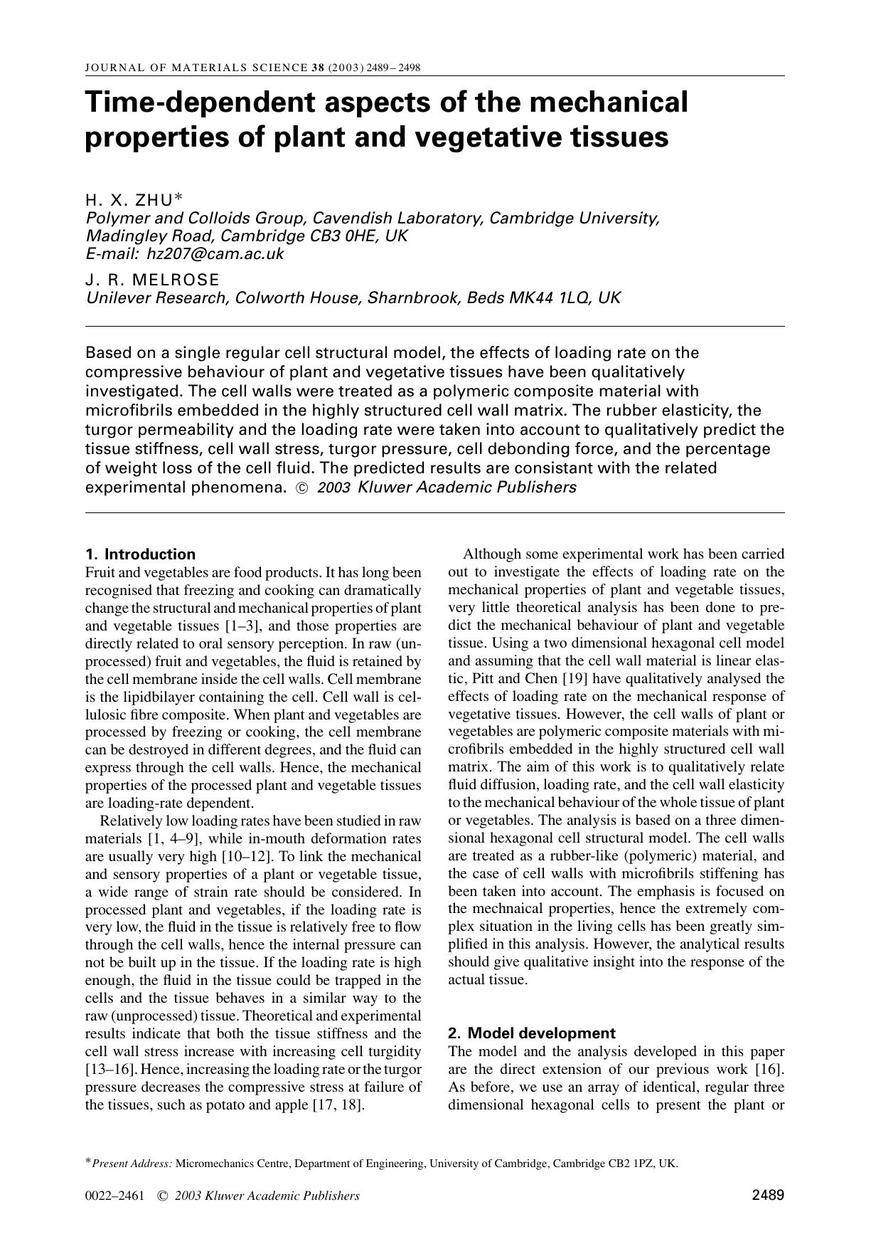 Time-dependent aspects of the mechanical properties of plant and vegetative tissues by Unknown