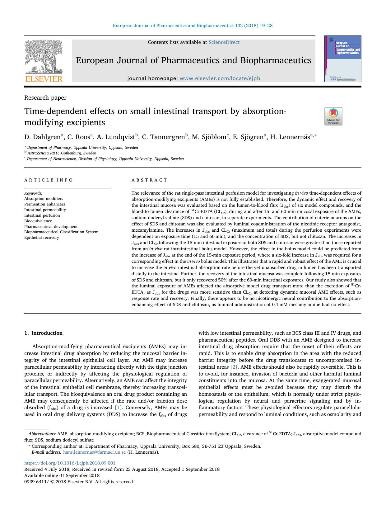 Time-dependent effects on small intestinal transport by absorption-modifying excipients by D. Dahlgren & C. Roos & A. Lundqvist & C. Tannergren & M. Sjöblom & E. Sjögren & H. Lennernäs