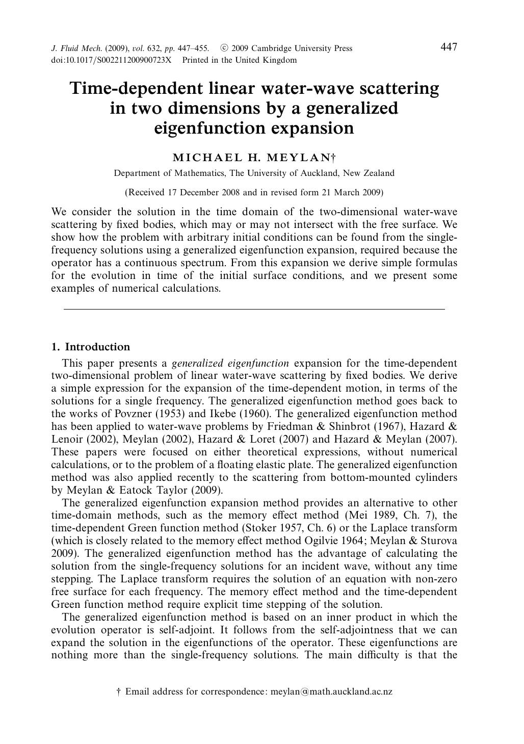Time-dependent linear water-wave scattering in two dimensions by a generalized eigenfunction expansion by MICHAEL H. MEYLAN
