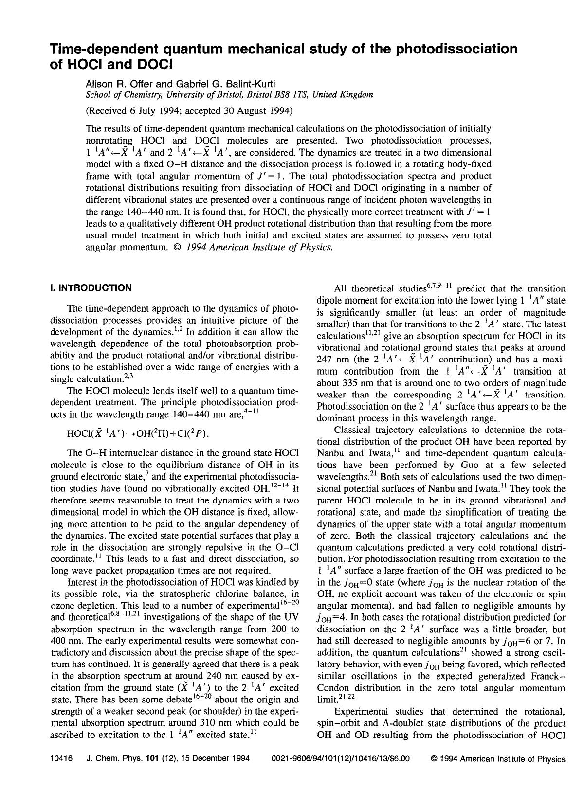Time-dependent quantum mechanical study of the photodissociation of HOCl and DOCl by Alison R. Offer; Gabriel G. Balint-Kurti