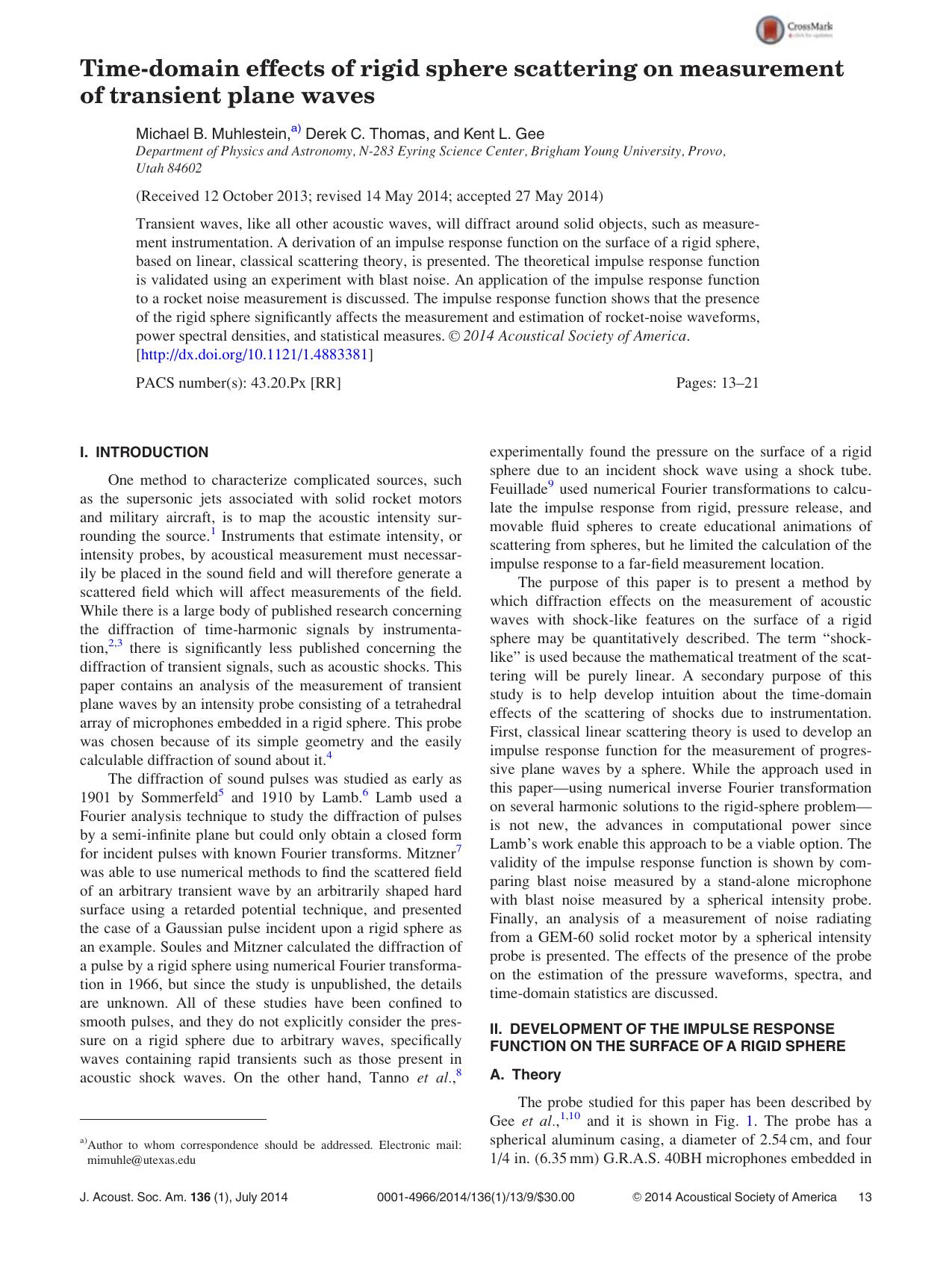 Time-domain effects of rigid sphere scattering on measurement of transient plane waves by Michael B. Muhlestein & Derek C. Thomas & Kent L. Gee