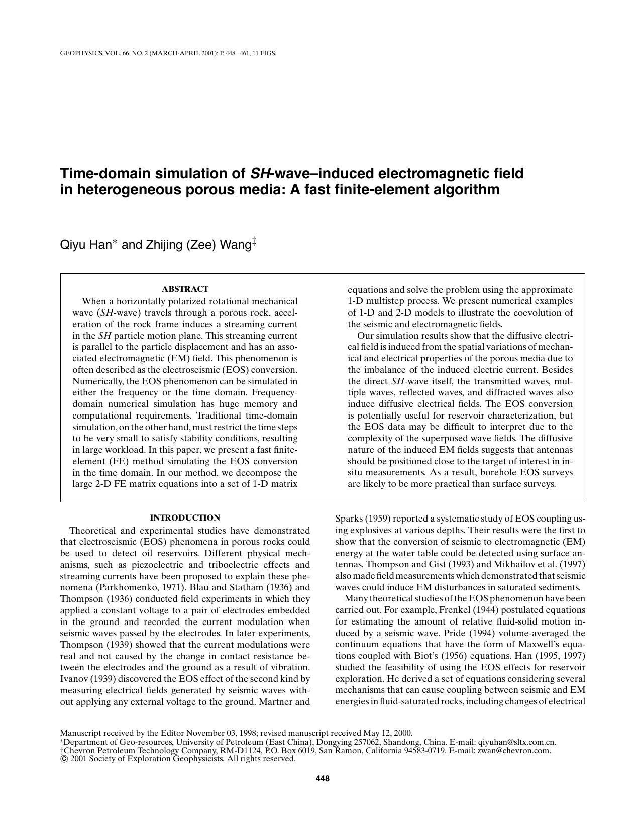 Time-domain simulation of SH-wave induced electromagnetic field in heterogeneou by A. A. Green Z. Wang