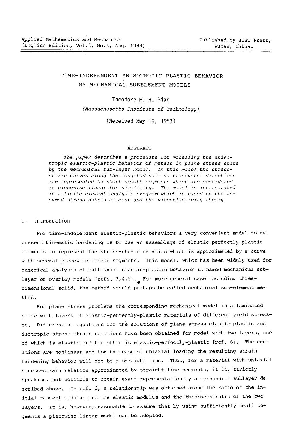 Time-independent anisotropic plastic behavior by mechanical subelement models by Unknown