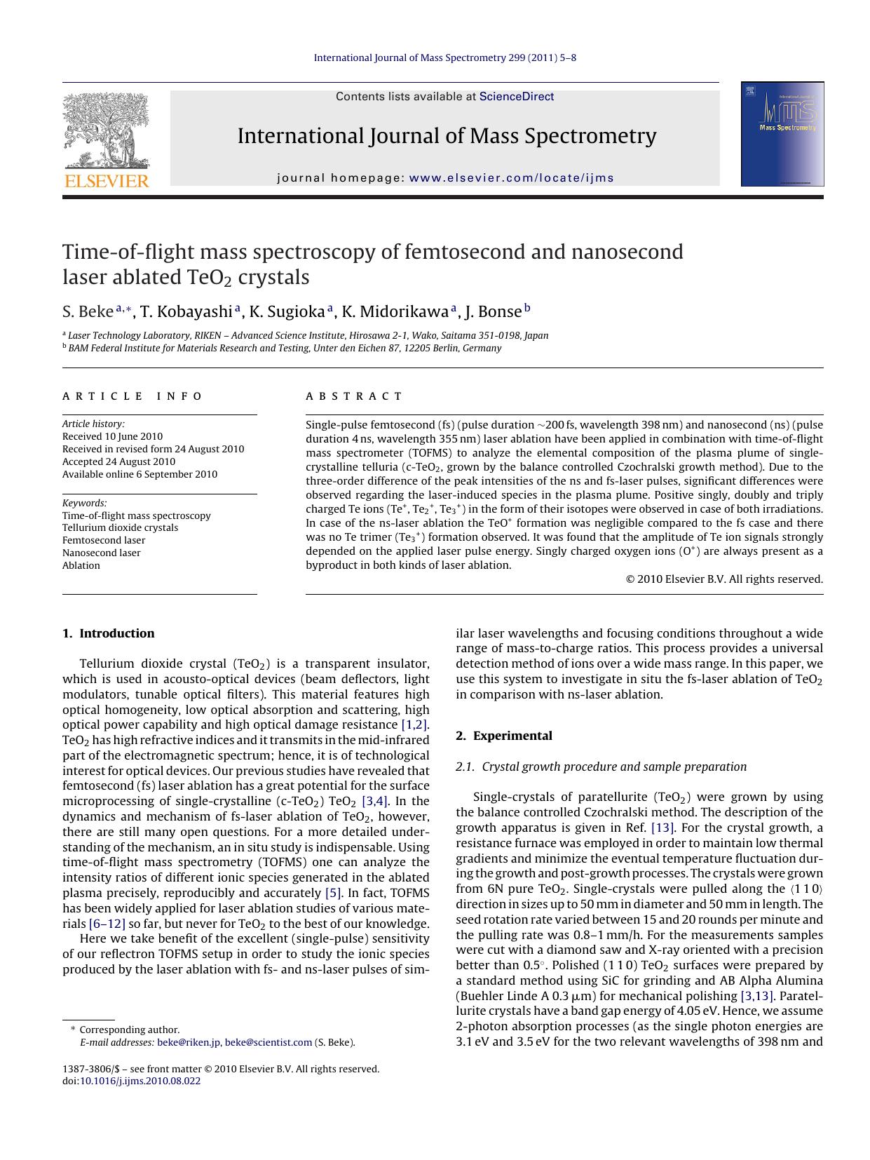 Time-of-flight mass spectroscopy of femtosecond and nanosecond laser ablated TeO2 crystals by S. Beke