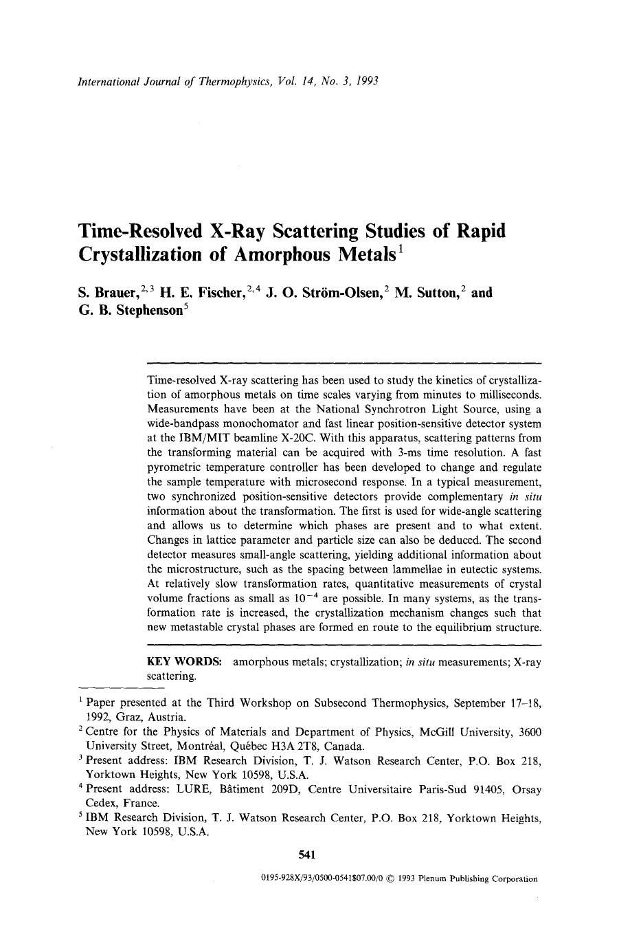Time-resolved X-ray scattering studies of rapid crystallization of amorphous metals by Unknown