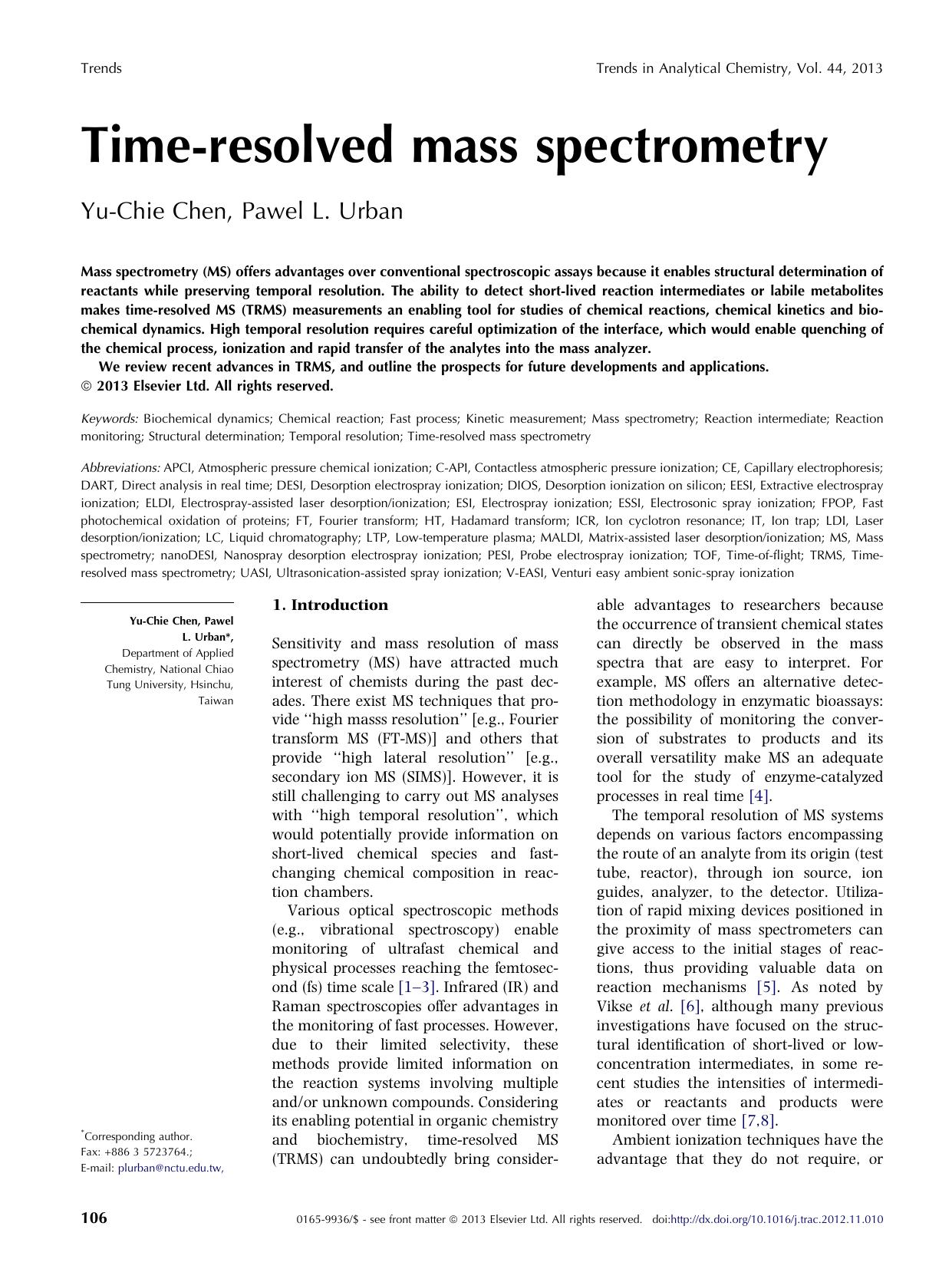 Time-resolved mass spectrometry by Yu-Chie Chen & Pawel L. Urban