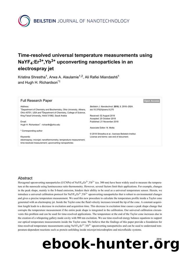 Time-resolved universal temperature measurements using NaYF4:Er3+,Yb3+ upconverting nanoparticles in an electrospray jet by Kristina Shrestha Arwa A. Alaulamie Ali Rafiei Miandashti Hugh H. Richardson