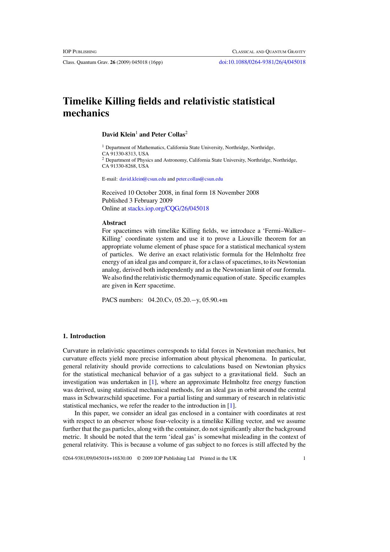 Timelike Killing fields and relativistic statistical mechanics by D Klein and P Collas