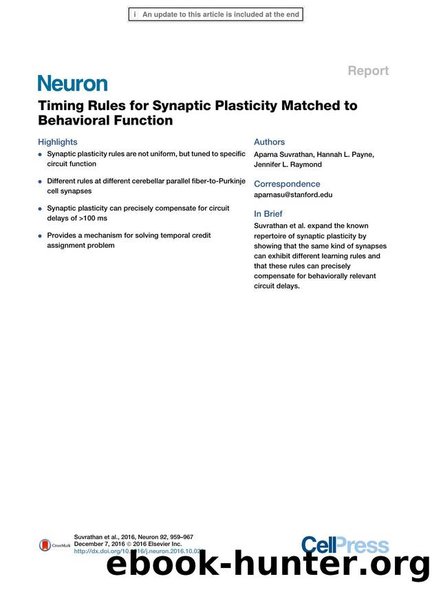 Timing Rules for Synaptic Plasticity Matched to Behavioral Function by Aparna Suvrathan & Hannah L. Payne & Jennifer L. Raymond