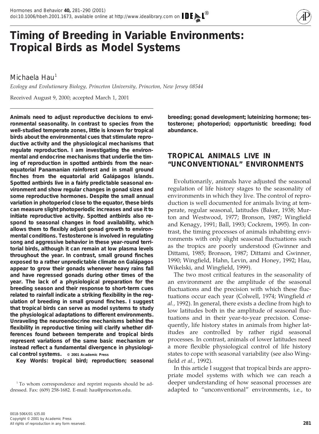 Timing of Breeding in Variable Environments: Tropical Birds as Model Systems by Hau M