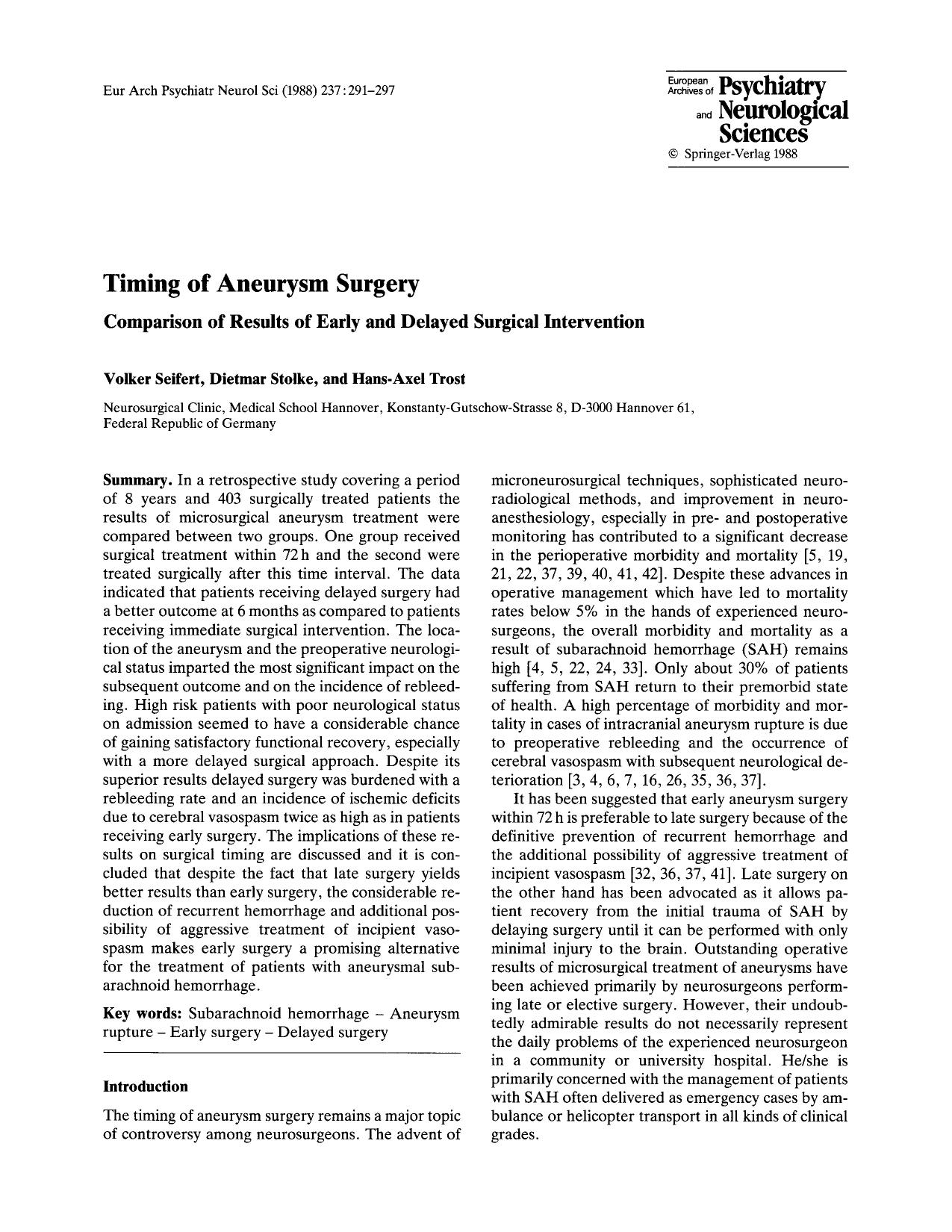 Timing of aneurysm surgery by Unknown