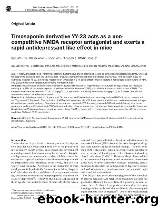 Timosaponin derivative YY-23 acts as a non-competitive NMDA receptor antagonist and exerts a rapid antidepressant-like effect in mice by Qi Zhang & Fei Guo & Zhi-wen Fu & Bing Zhang & Cheng-gang Huang & Yang Li