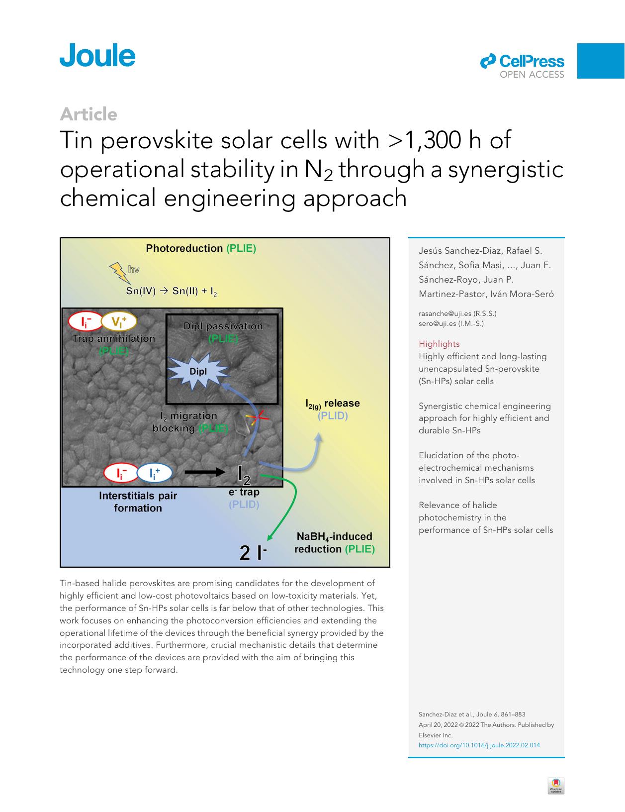 Tin perovskite solar cells with >1,300&nbsp;h of operational stability in N2 through a synergistic chemical engineering approach by unknow