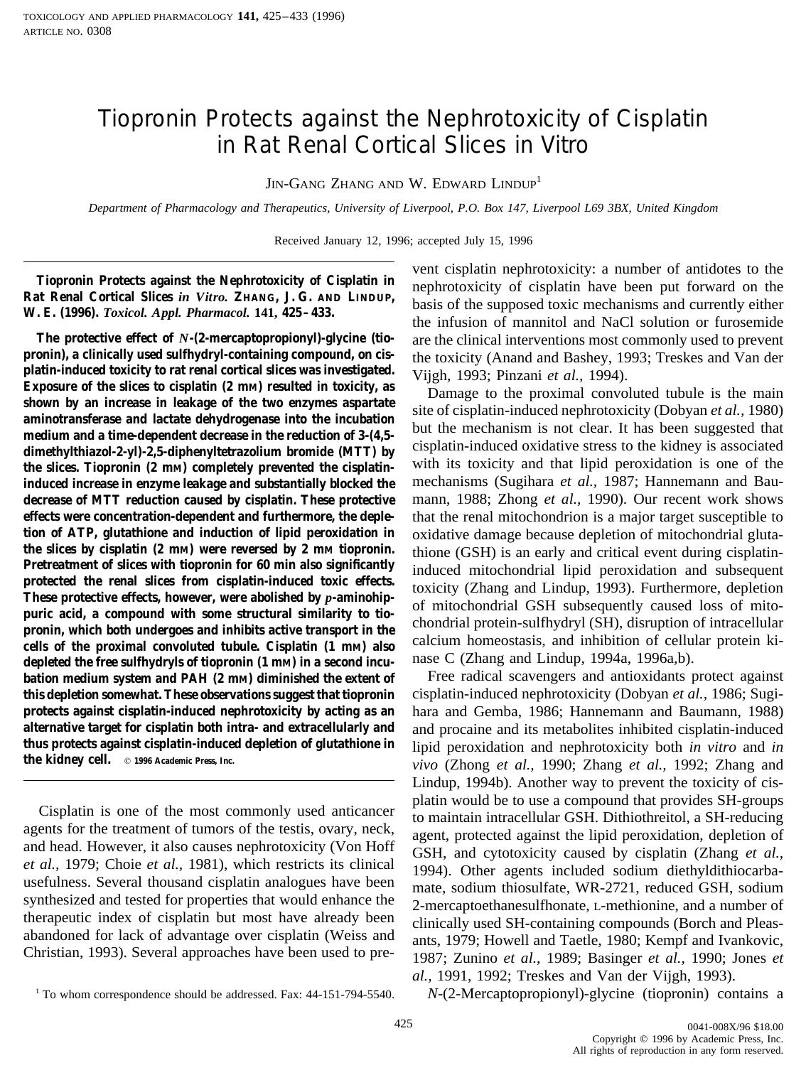 Tiopronin Protects against the Nephrotoxicity of Cisplatin in Rat Renal Cortical Slices in Vitro by Zhang J.-G. et al