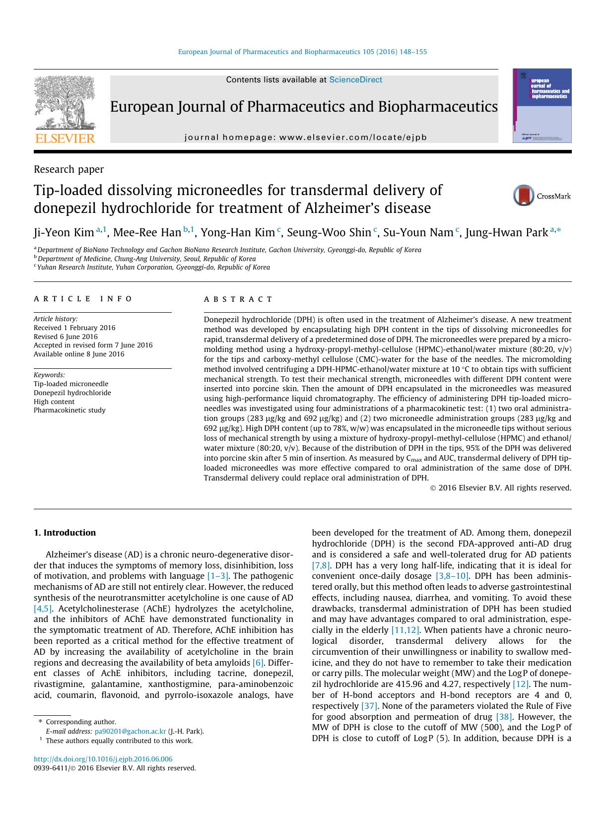 Tip-loaded dissolving microneedles for transdermal delivery of donepezil hydrochloride for treatment of AlzheimerÃ¢â¬â¢s disease by Ji-Yeon Kim & Mee-Ree Han & Yong-Han Kim & Seung-Woo Shin & Su-Youn Nam & Jung-Hwan Park