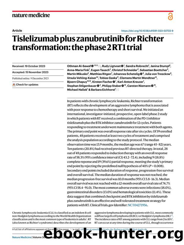 Tislelizumab plus zanubrutinib for Richter transformation: the phase 2 RT1 trial by unknow