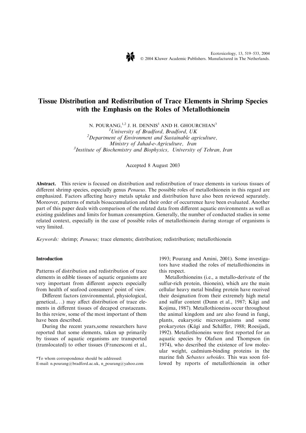 Tissue Distribution and Redistribution of Trace Elements in Shrimp Species with the Emphasis on the Roles of Metallothionein by Unknown