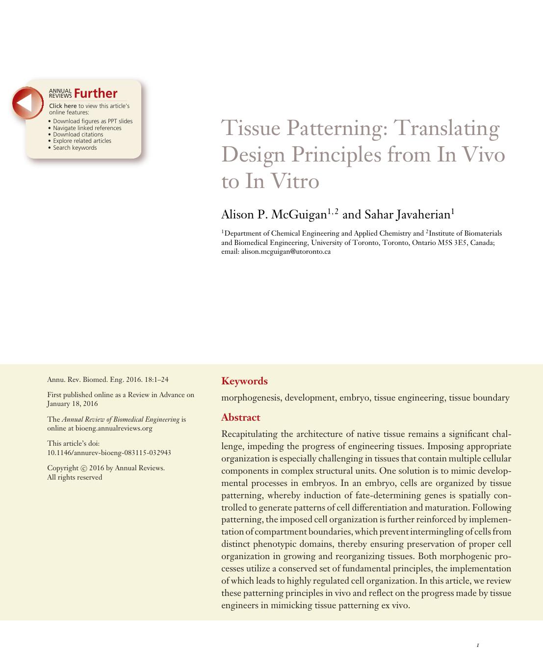 Tissue Patterning: Translating Design Principles from In Vivo to In Vitro by Alison P. McGuigan and Sahar Javaherian