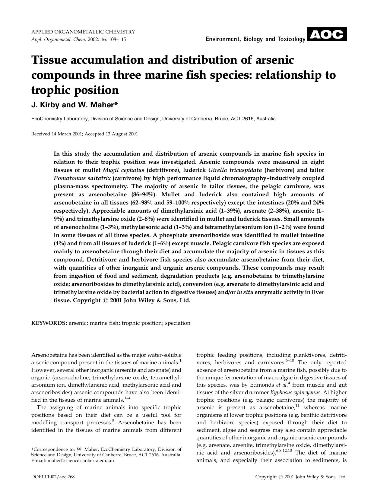 Tissue accumulation and distribution of arsenic compounds in three marine fish species: relationship to trophic position by Unknown