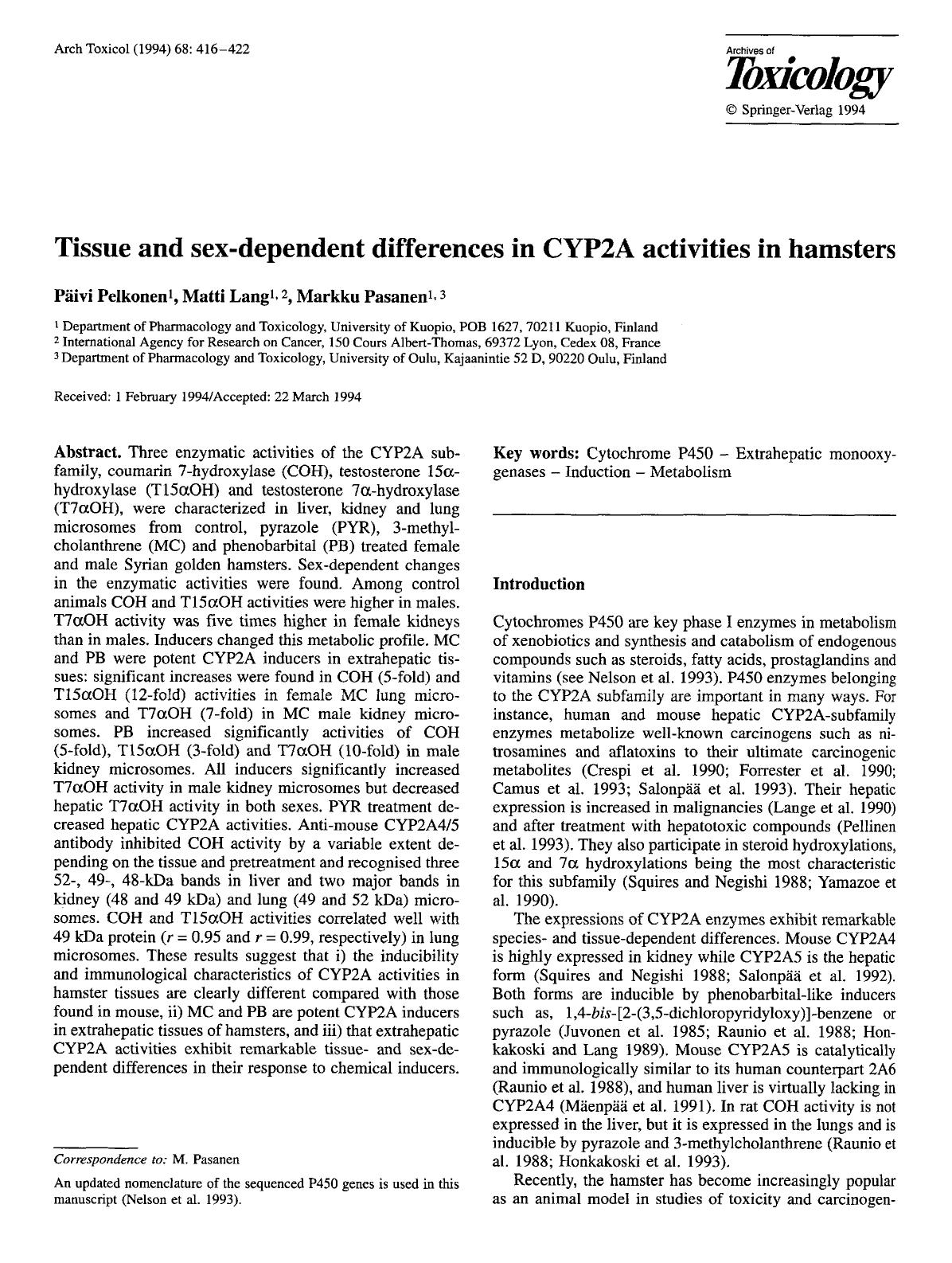 Tissue and sex-dependent differences in CYP2A activities in hamsters by Unknown