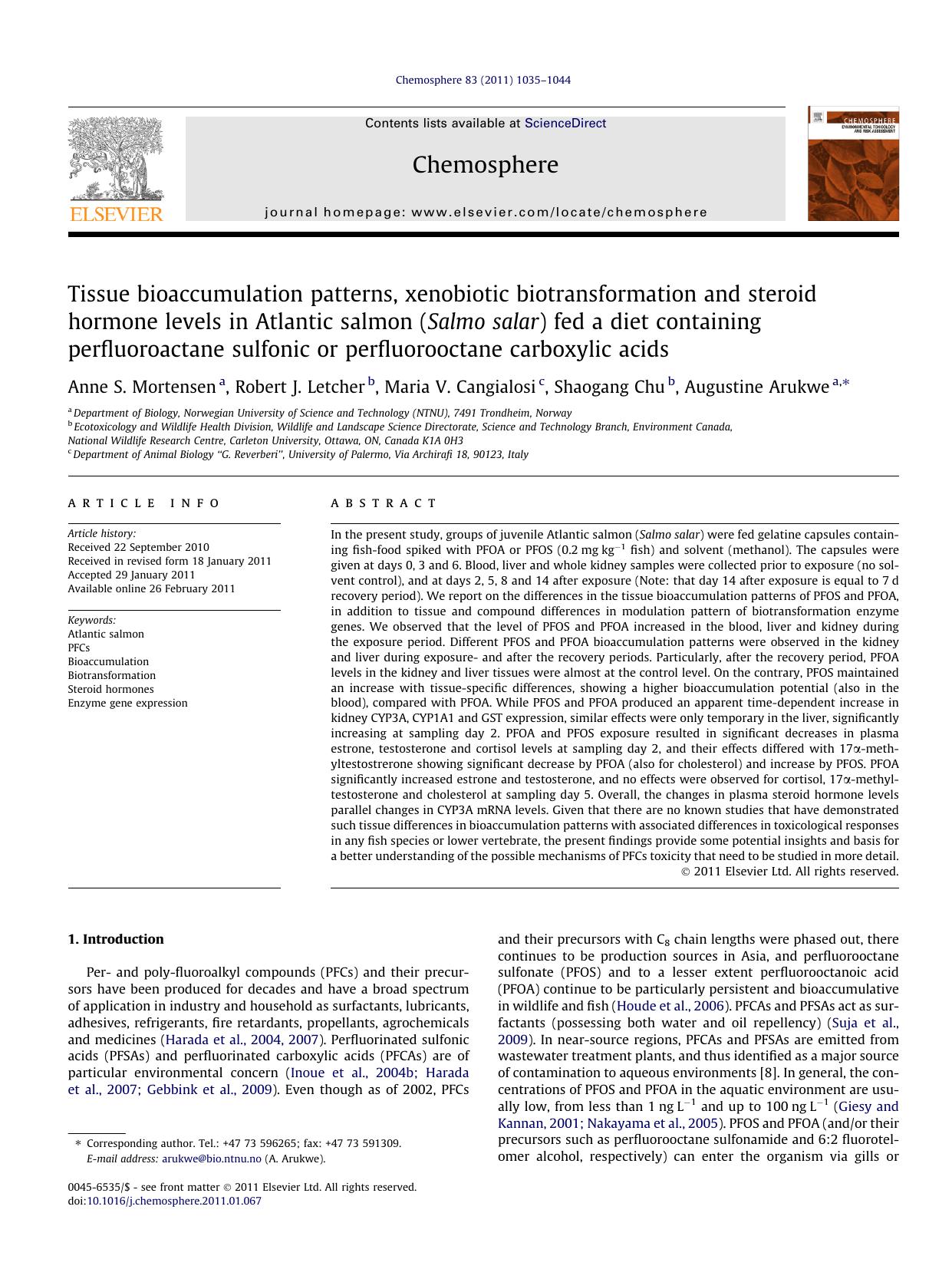 Tissue bioaccumulation patterns, xenobiotic biotransformation and steroid hormone levels in Atlantic salmon (Salmo salar) fed a diet containing perfluoroactane sulfonic or perfluor by Anne S. Mortensen & Robert J. Letcher & Maria V. Cangialosi & Shaogang Chu & Augustine Arukwe
