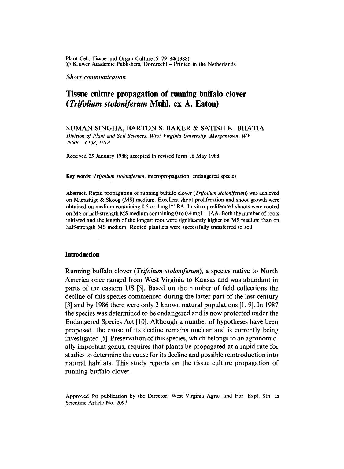 Tissue culture propagation of running buffalo clover ( <Emphasis Type="Italic">Trifolium stoloniferum <Emphasis> Muhl. ex A. Eaton) by Unknown