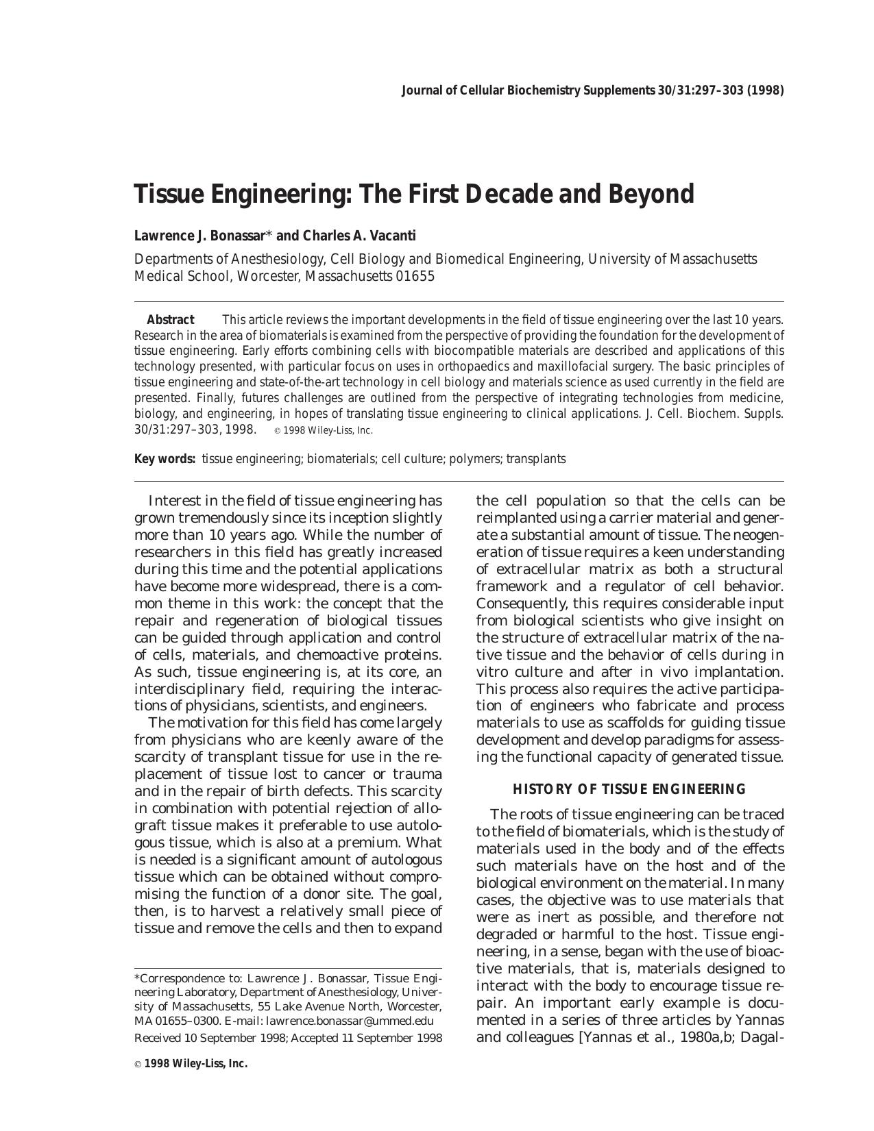 Tissue engineering: The first decade and beyond by Unknown