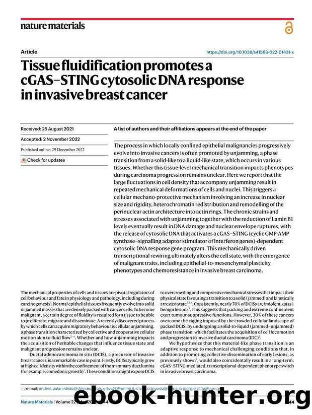 Tissue fluidification promotes a cGASâSTING cytosolic DNA response in invasive breast cancer by unknow