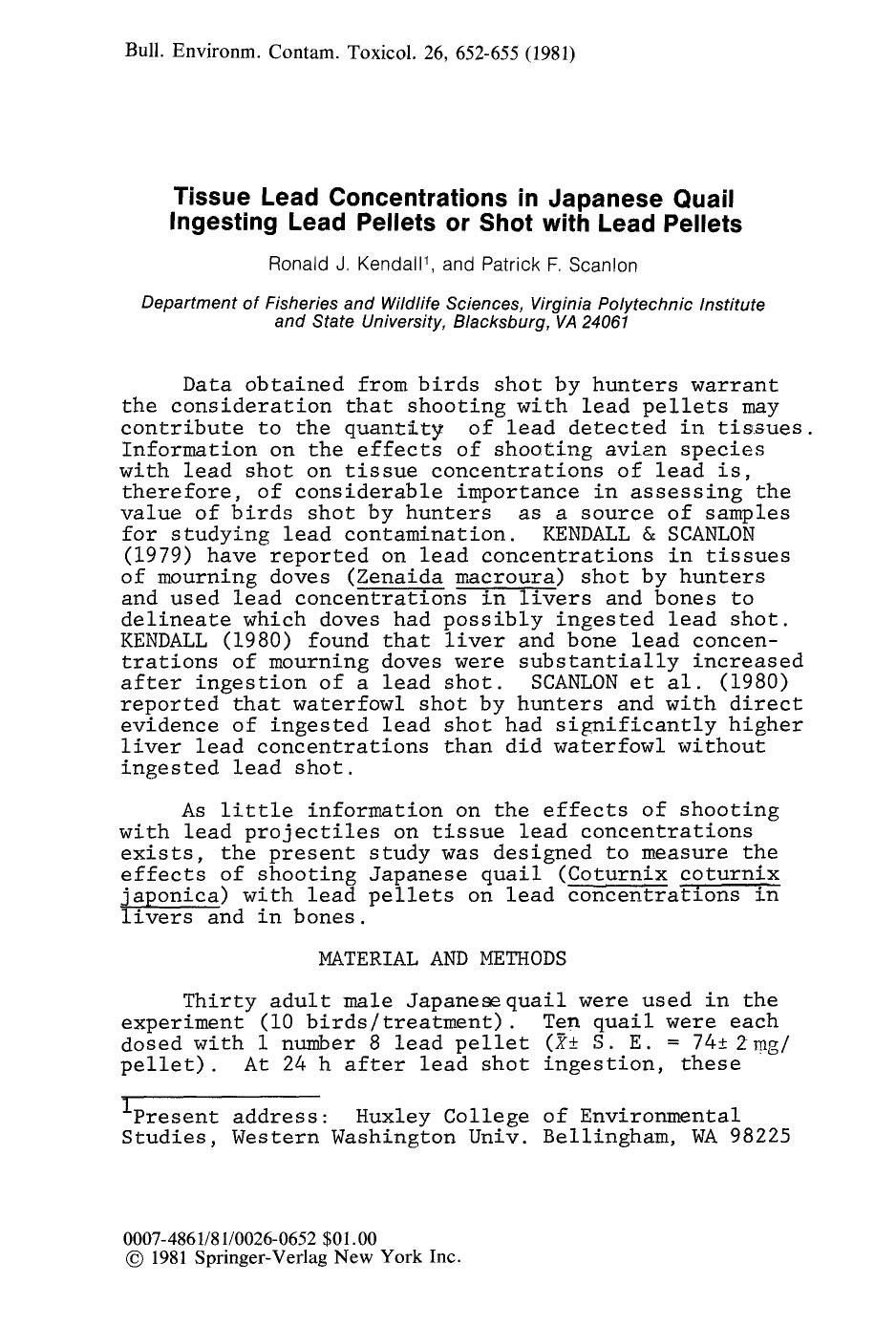 Tissue lead concentrations in Japanese quail ingesting lead pellets or shot with lead pellets by Unknown