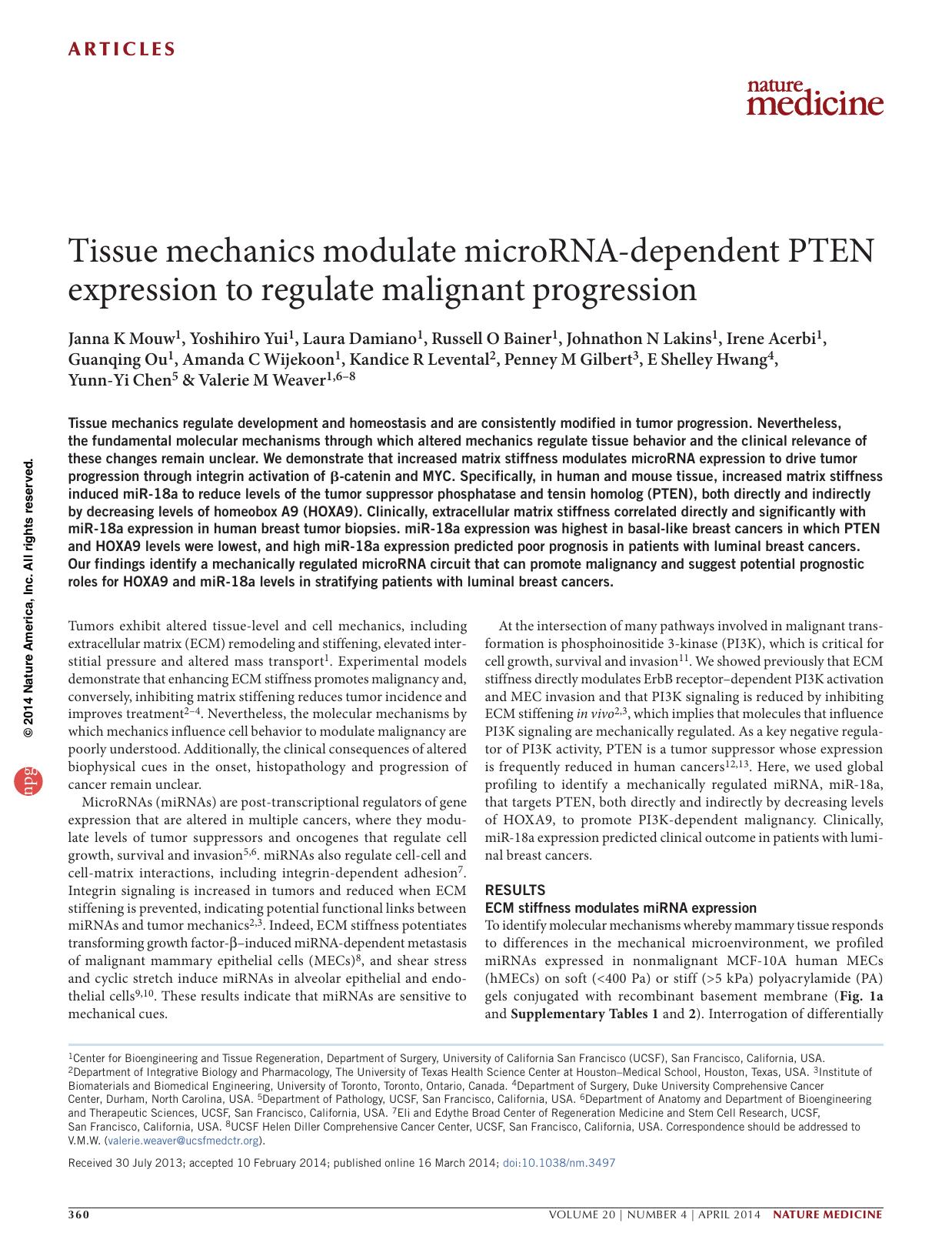 Tissue mechanics modulate microRNA-dependent PTEN expression to regulate malignant progression by unknow
