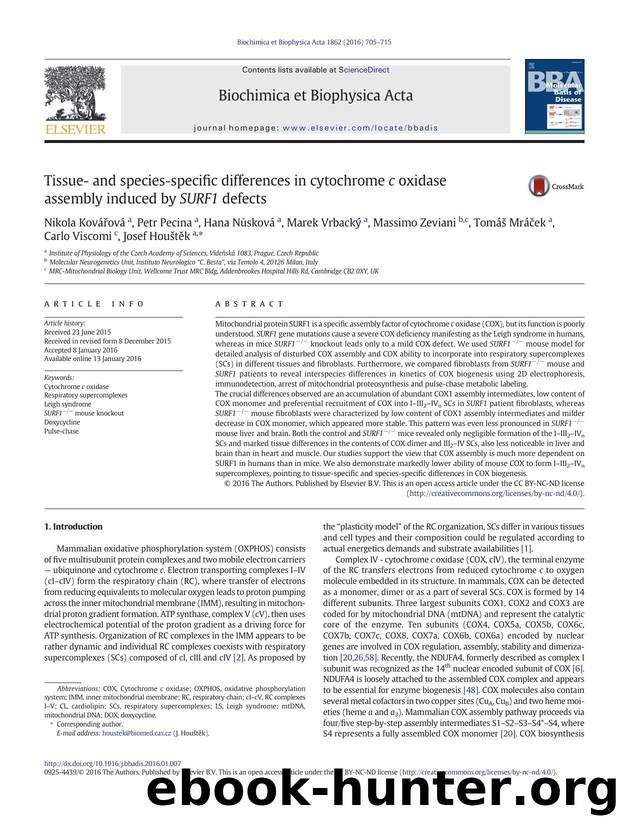 Tissue- and species-specific differences in cytochrome c oxidase assembly induced by SURF1 defects by unknow
