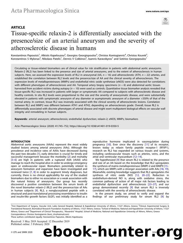 Tissue-specific relaxin-2 is differentially associated with the presencesize of an arterial aneurysm and the severity of atherosclerotic disease in humans by unknow