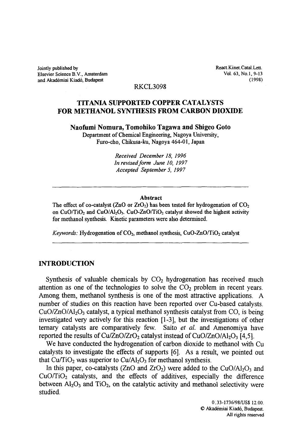 Titania supported copper catalysts for methanol synthesis from carbon dioxide by Unknown