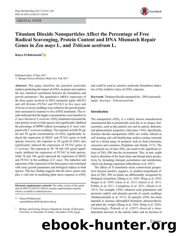 Titanium Dioxide Nanoparticles Affect the Percentage of Free Radical Scavenging, Protein Content and DNA Mismatch Repair Genes in Zea mays L. and Triticum aestivum L. by Ranya El-Bakatoushi