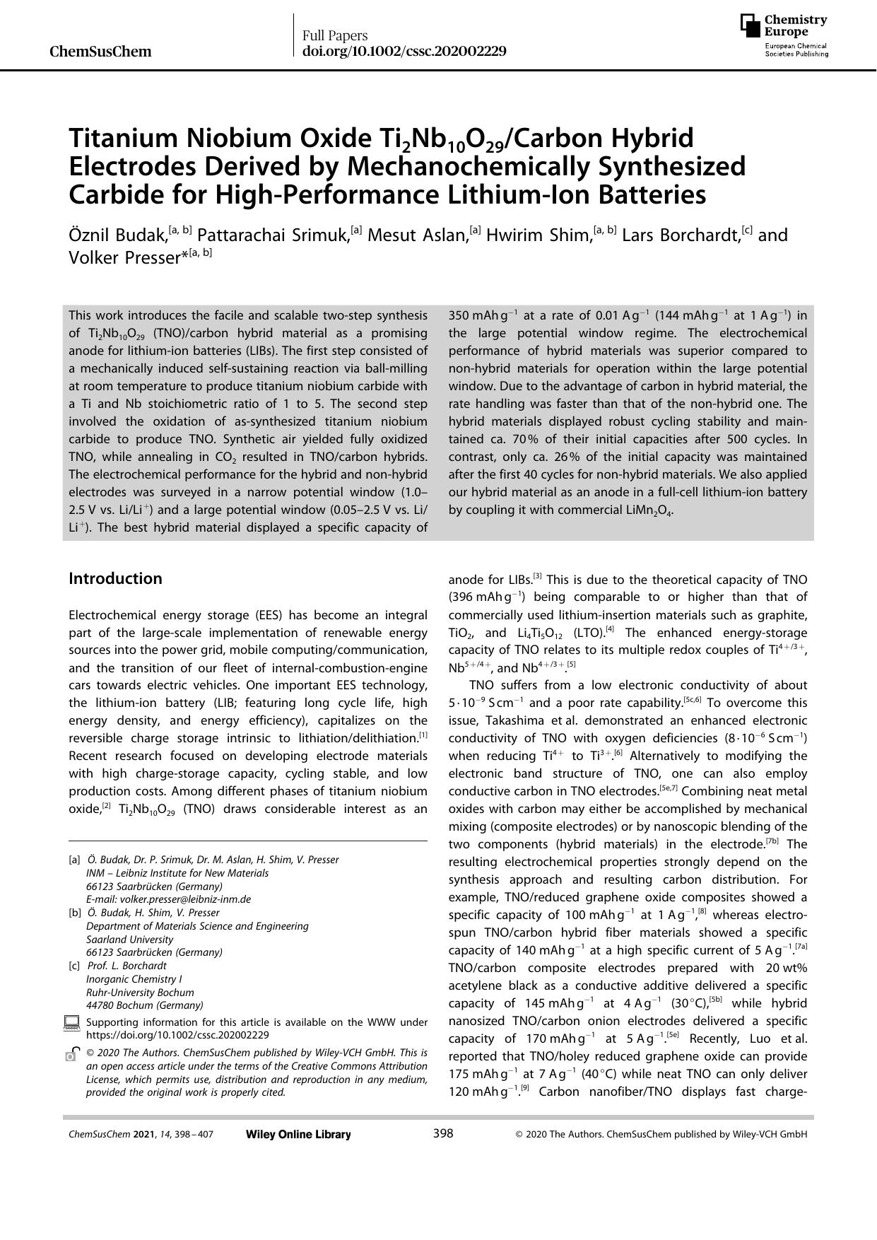 Titanium Niobium Oxide Ti2Nb10O29Carbon Hybrid Electrodes Derived by Mechanochemically Synthesized Carbide for HighâPerformance LithiumâIon Batteries by Unknown