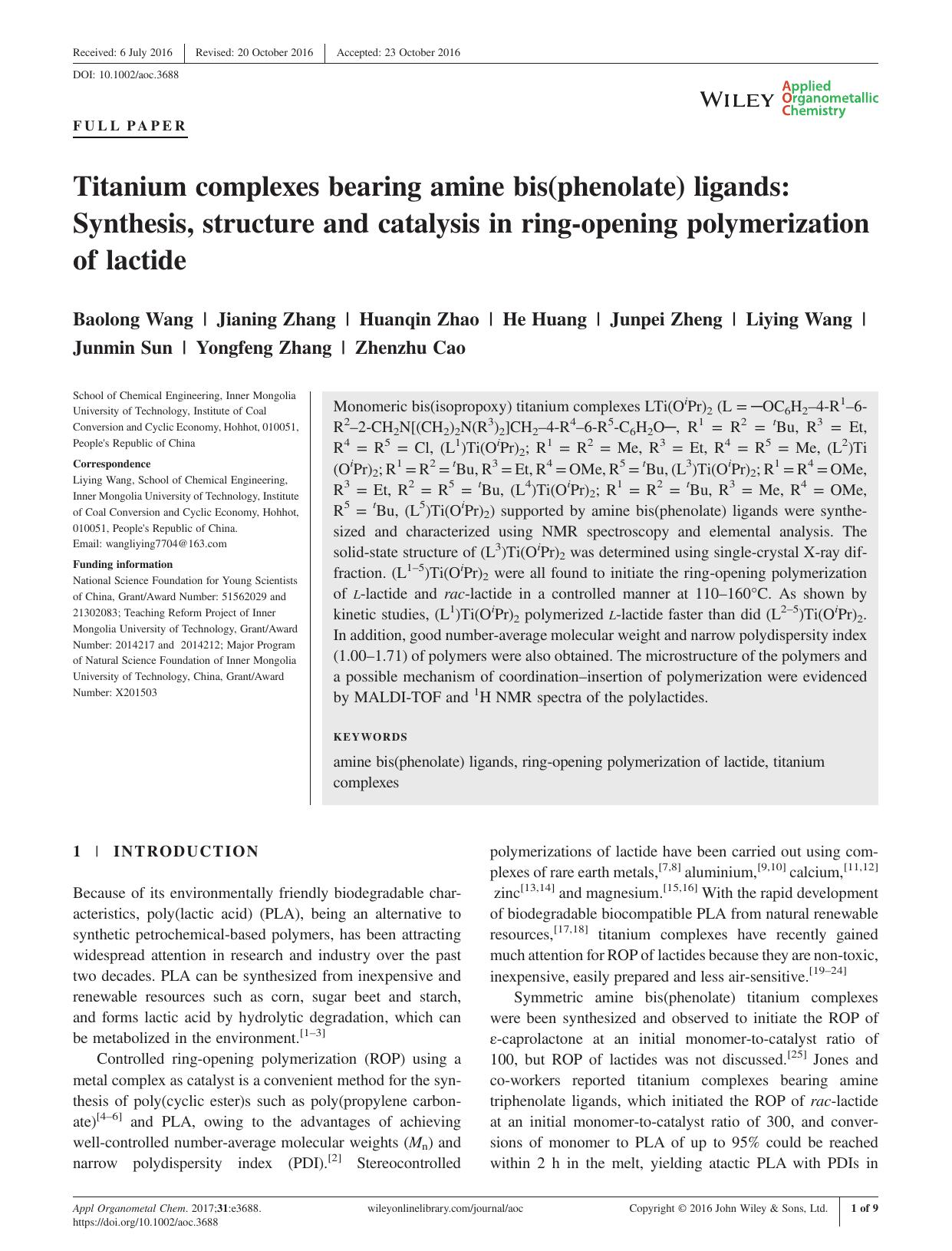 Titanium complexes bearing amine bis(phenolate) ligands: Synthesis, structure and catalysis in ring-opening polymerization of lactide by unknow