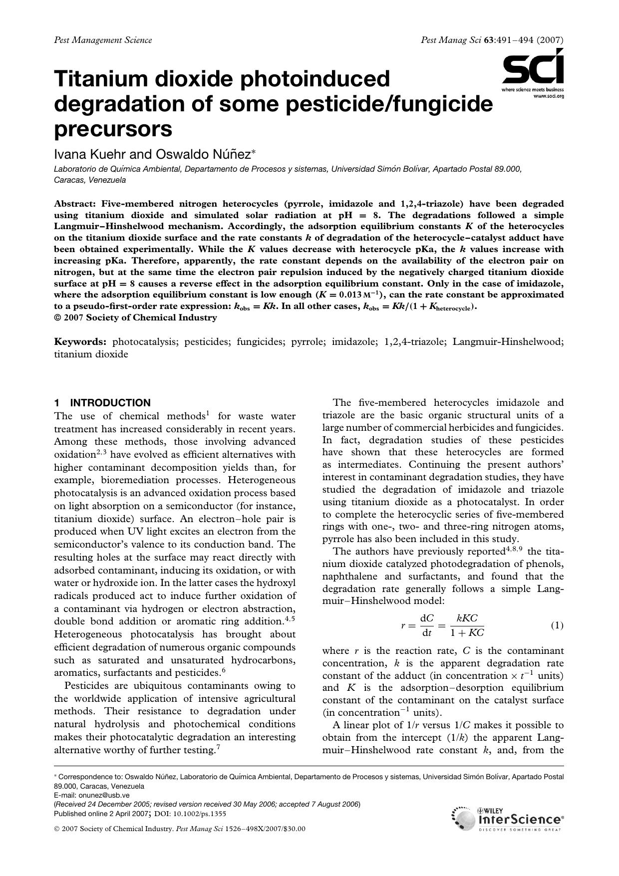 Titanium dioxide photoinduced degradation of some pesticidefungicide precursors by Unknown