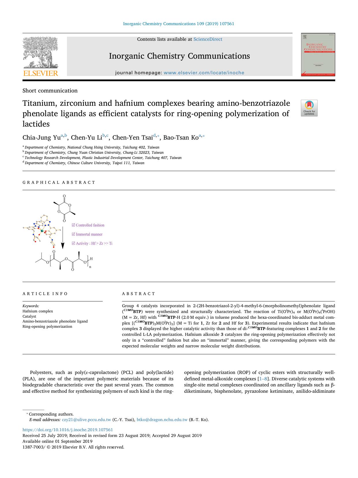 Titanium, zirconium and hafnium complexes bearing amino-benzotriazole phenolate ligands as efficient catalysts for ring-opening polymerization of lactides by Chia-Jung Yu & Chen-Yu Li & Chen-Yen Tsai & Bao-Tsan Ko