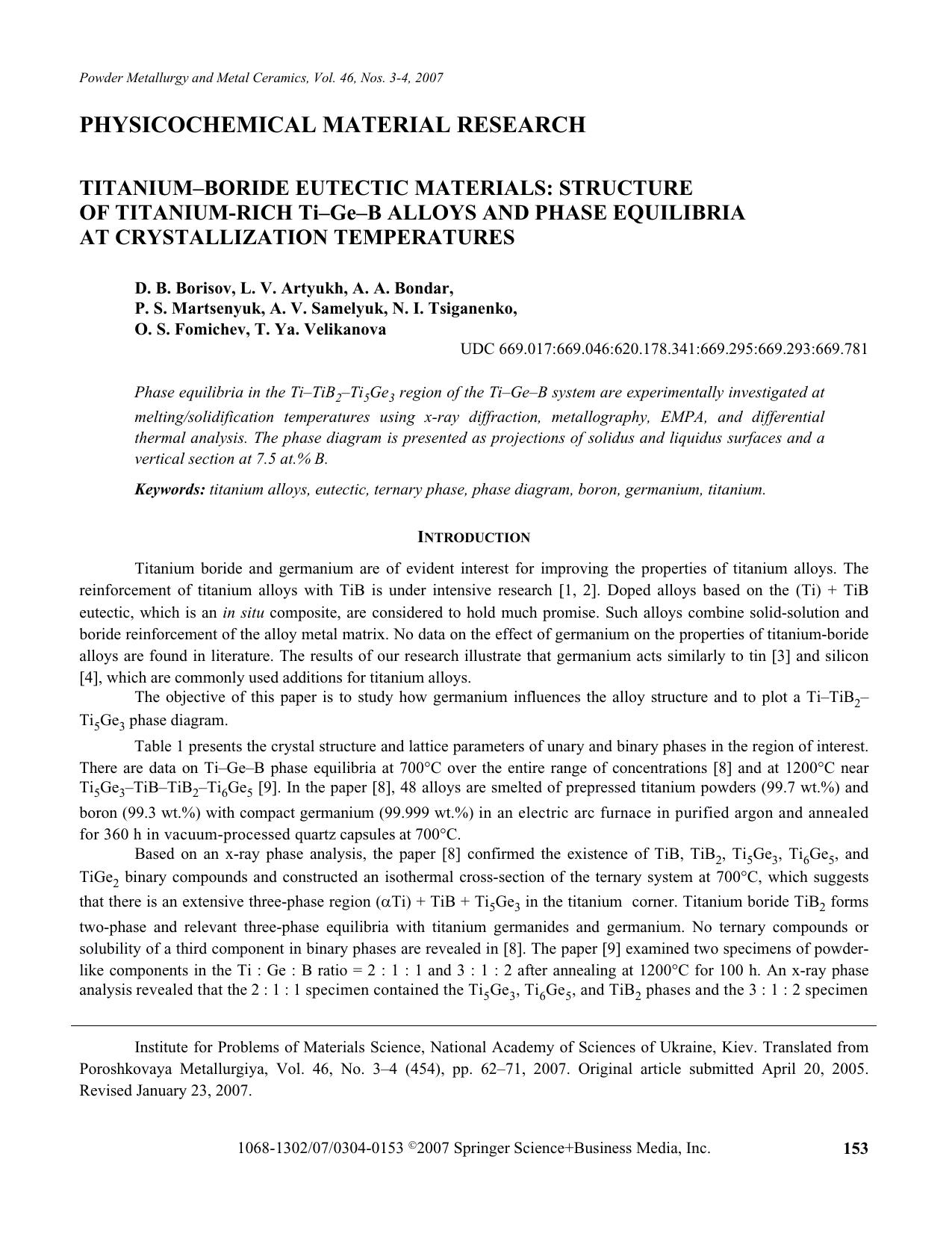 Titanium-boride eutectic materials: Structure of titanium-rich Ti-Ge-B alloys and phase equilibria at crystallization temperatures by Unknown