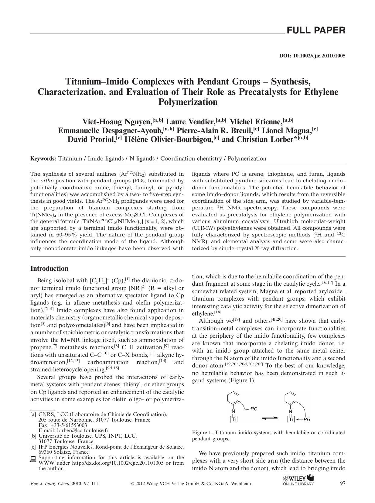 TitaniumImido Complexes with Pendant Groups Synthesis, Characterization, and Evaluation of Their Role as Precatalysts for Ethylene Polymerization by Unknown